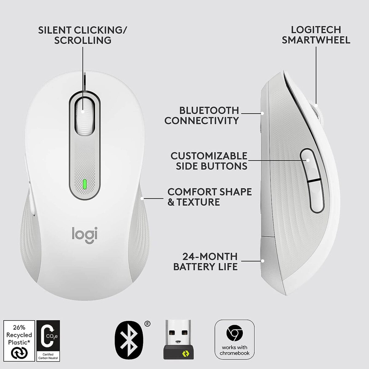 Logitech Signature M650 Silent Bluetooth Mouse - White